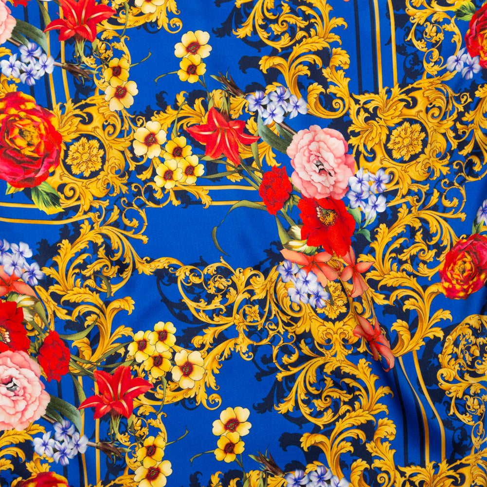 Mood Exclusive Italian Blue, Red and Gold Ornate Floral Digitally Printed Silk Charmeuse - Joann Fabrics