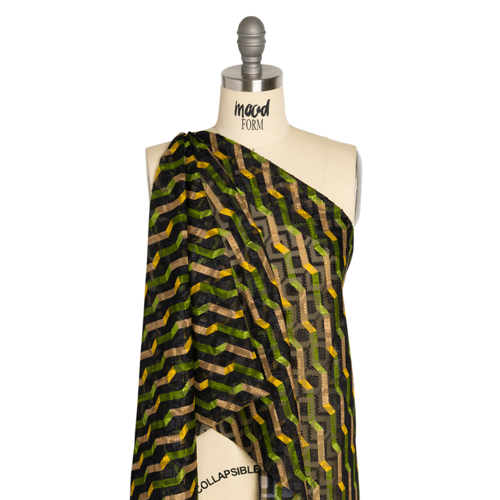 Geometric Burnout Polyester Woven Print - Green Zig Zags - Mood Exclusive Wicked Will Island - Joann Fabrics