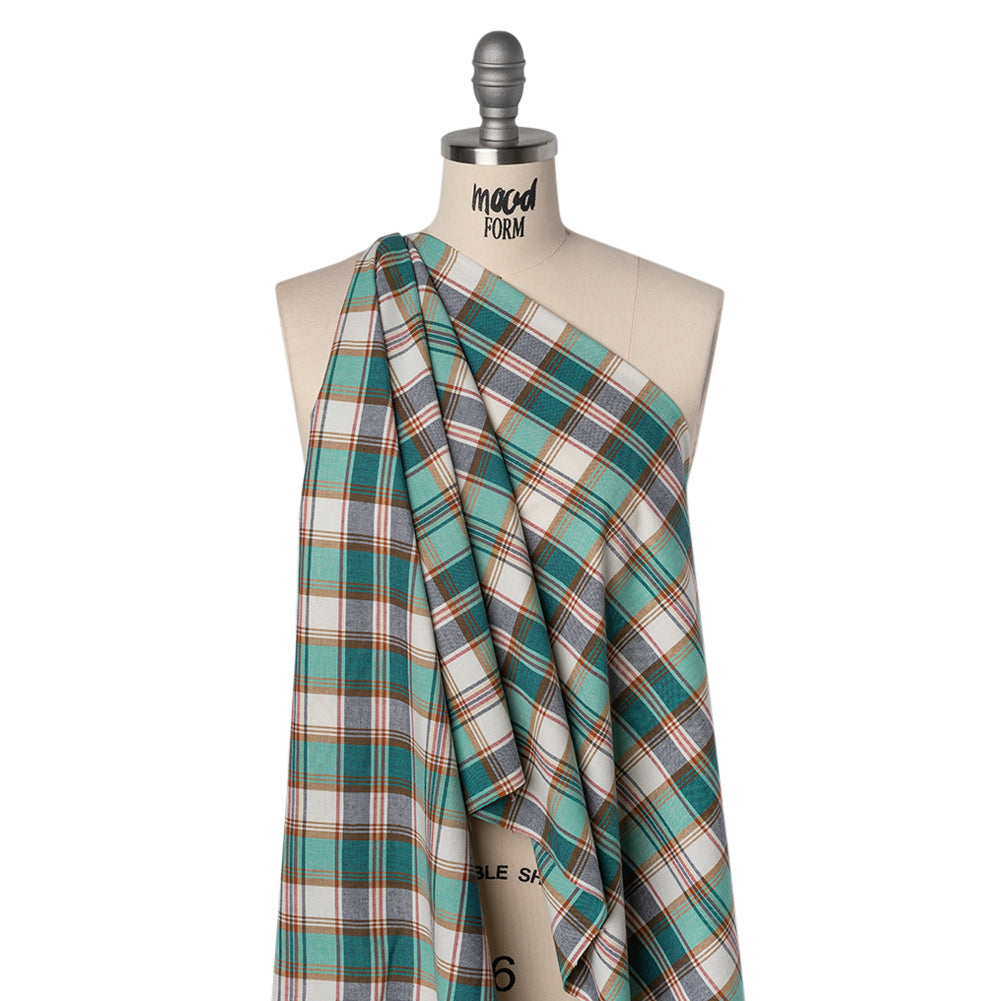 Brushed Cotton Shirting - Aqua Blue, Tan and Red Plaid - Deadstock - Joann Fabrics
