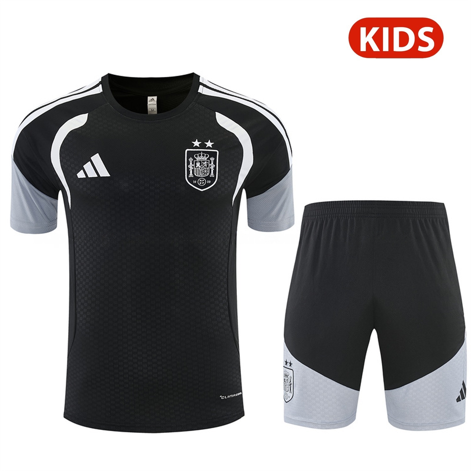 Spain 2026 Two Stars Kids Short-Sleeve Training Set - Black Top & Black Shorts - UnitedFutballJersey