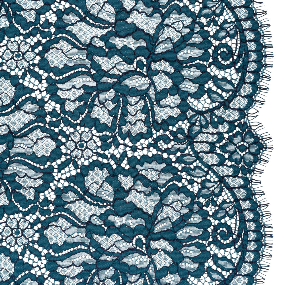 Corded Raschel Lace Panel with Finished Edges - Dark Teal and Navy All-Over Flowers and Leaves - Joann Fabrics