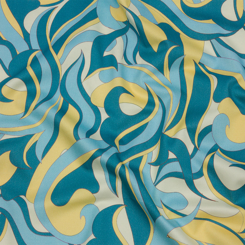 Stretch Cotton Sateen - Blue and Yellow Abstract - Wave Hello Print - Mood Exclusive Groove Collection - Joann Fabrics
