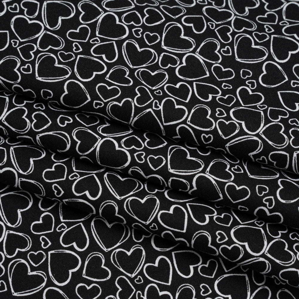 Printed Quilting Cotton by Patrick Lose for Northcott - White on Black Doodle Hearts - Basically Black & White Collection - Joann Fabrics