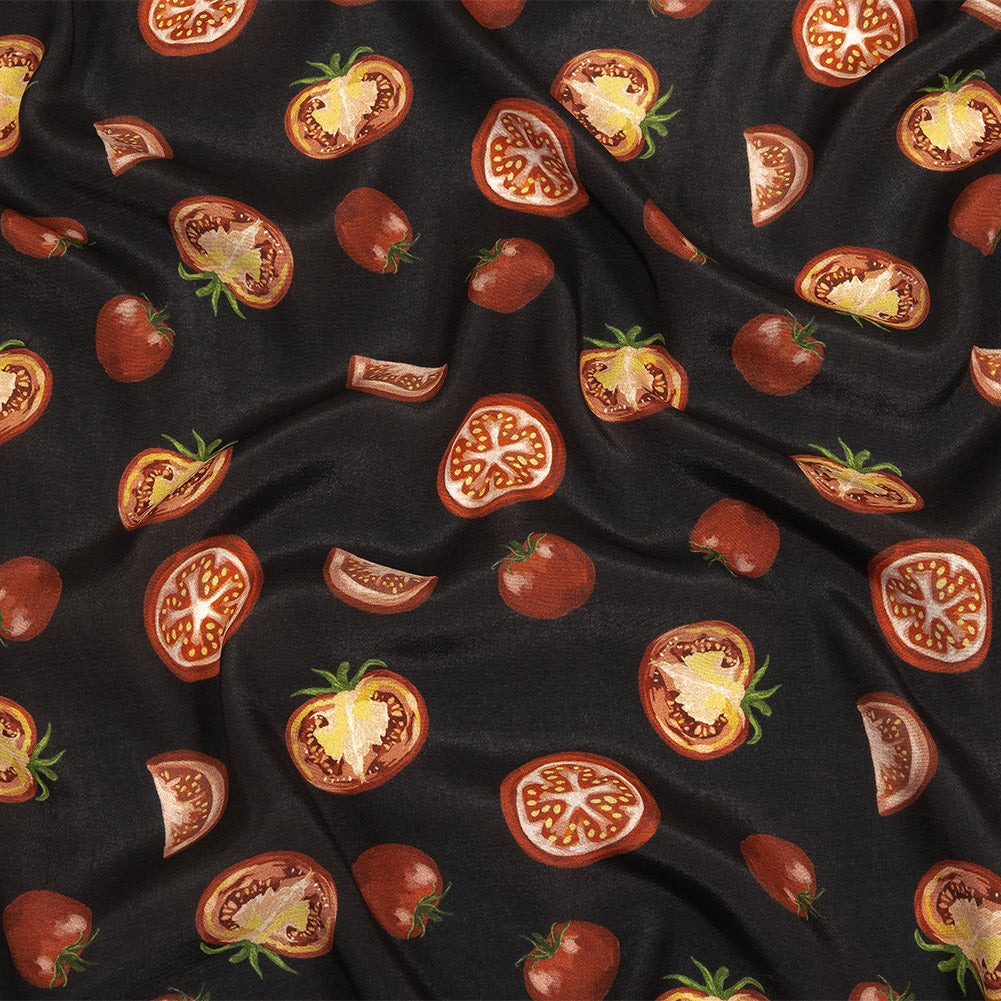 Sustainable Viscose Woven Print - Jet Set Black and Red Tomatoes - Mood Exclusive Homegrown Haute Couture - Joann Fabrics