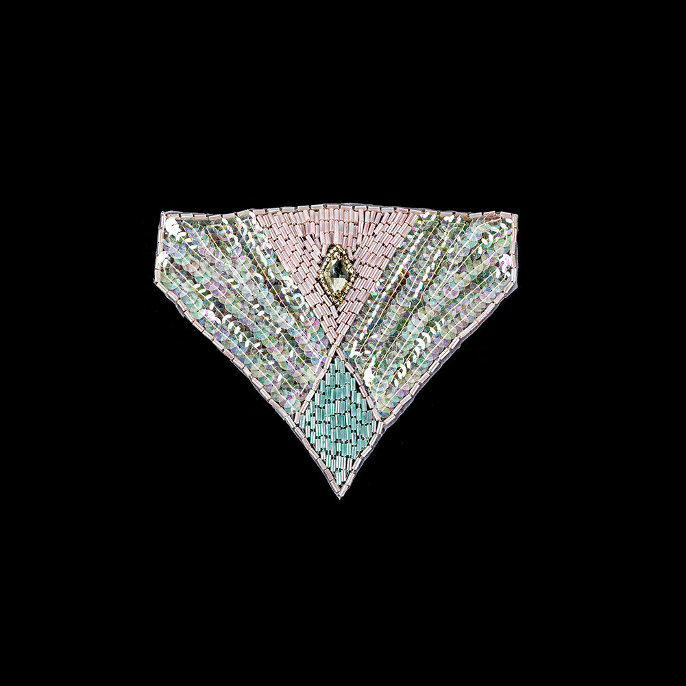 Vintage Pastel Multicolored Sequins and Beaded Applique with Diamond-shaped Crystal Center - 4.375