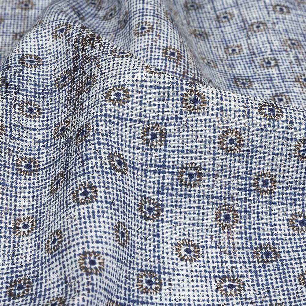 Brown and Blue Flowers and Dots Cotton and Polyester Shirting with Distressed Foil Topcoat - Joann Fabrics