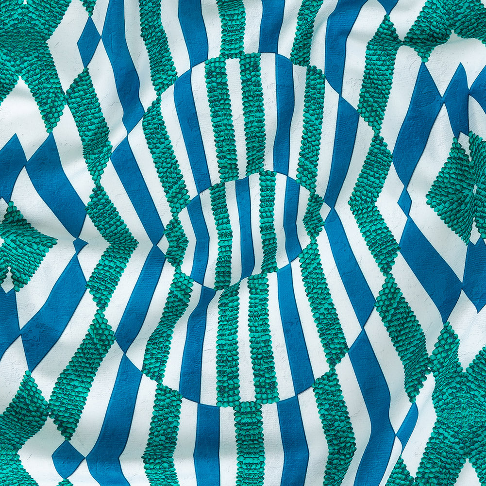 Compression Swimwear Tricot, UV Protective with Aloe Vera Microcapsules - Blue and Teal Geometric - Caye Collection - Joann Fabrics