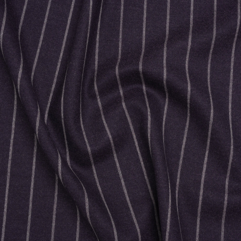 Stretch Virgin Wool Twill Suiting Made in Italy - Plum Purple and White Chalk Stripes - Joann Fabrics
