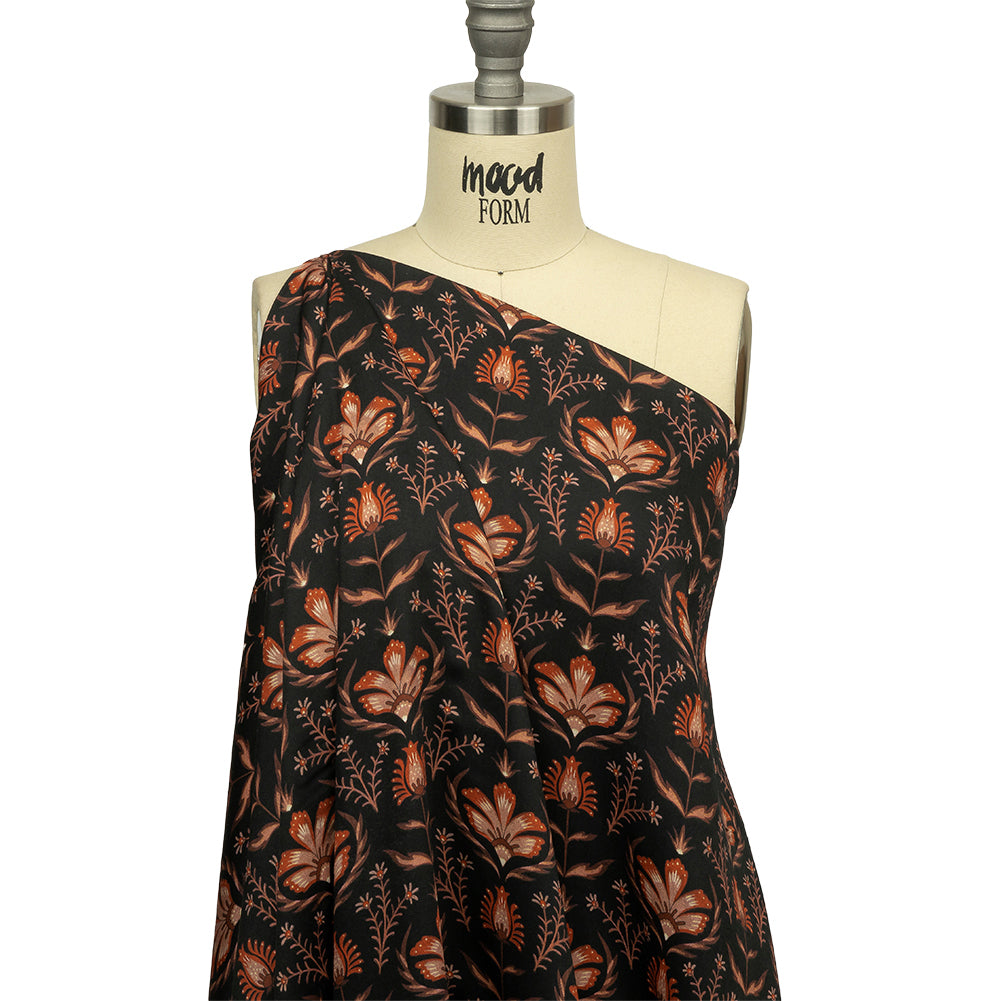 Rayon Challis - Black and Orange Floral - Watching the Fire Print - Mood Exclusive Rockland Collection - Joann Fabrics