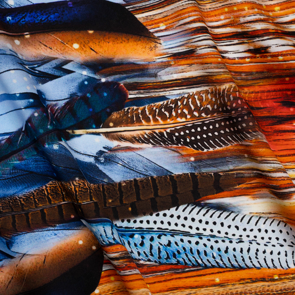 Silk Charmeuse Print - Blue, Red and Orange Feathered Borders and Abstract - Joann Fabrics