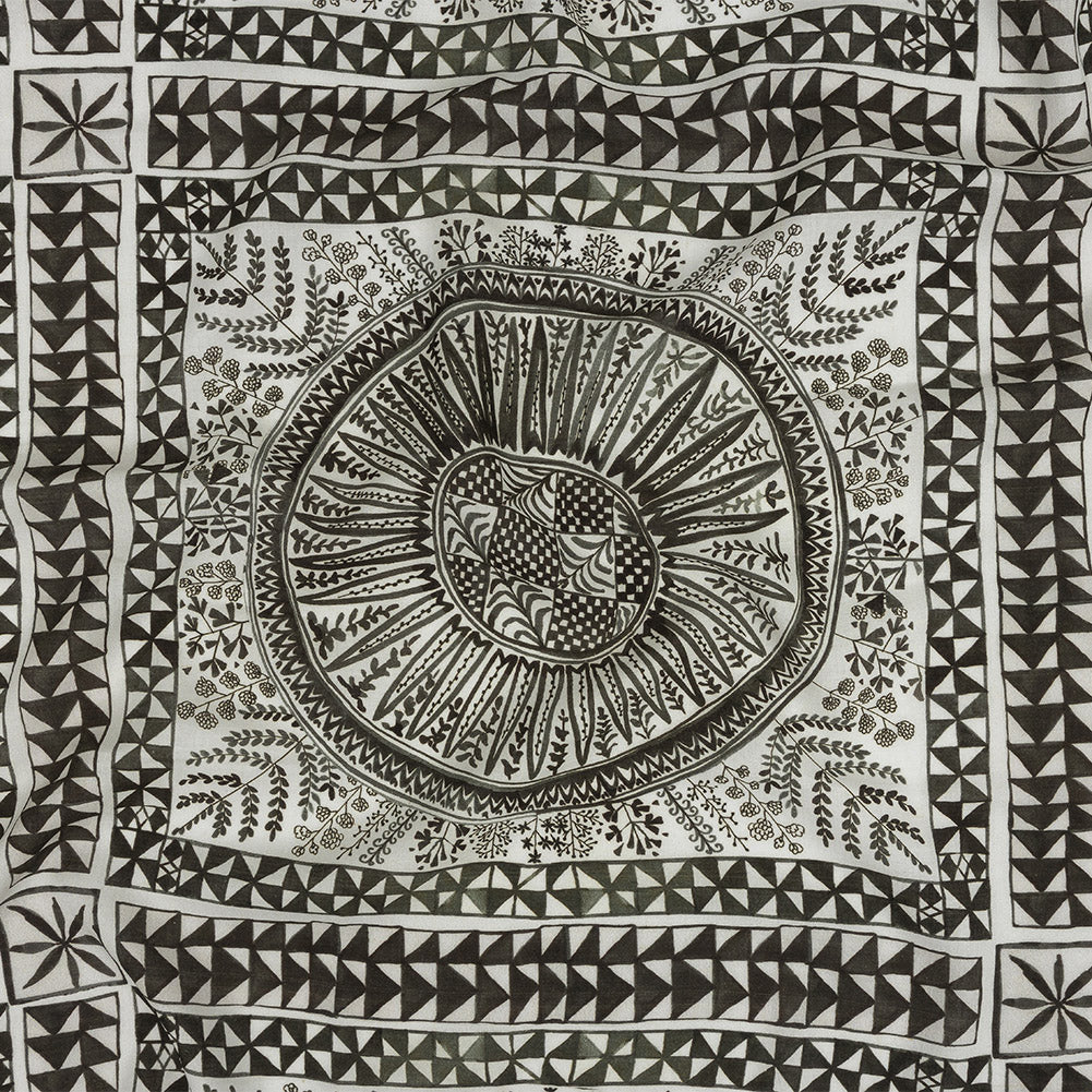 Lightweight Viscose-Linen Woven Print - Black and White Medallion and Geometric Squares - Mood Exclusive Large Heliocentric - Joann Fabrics