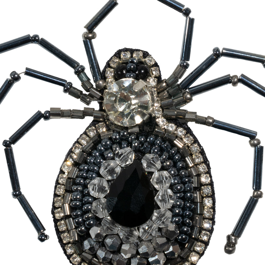 Crystal, Gunmetal and Iron Spider Rhinestone and Glass Beaded Applique - 2.625