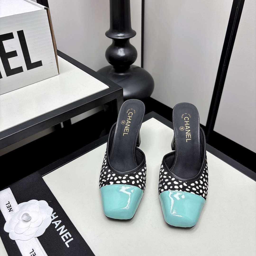 Chanel Classic Double-C Color-Block High-Heel Slides — Women's Square-Toe Sandals