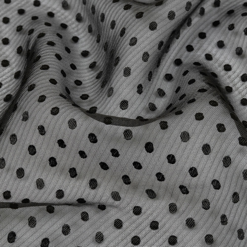 Famous Australian Designer Black Onyx Embroidered Dots and Diagonal Stripes Polyester and Viscose Chiffon - Joann Fabrics