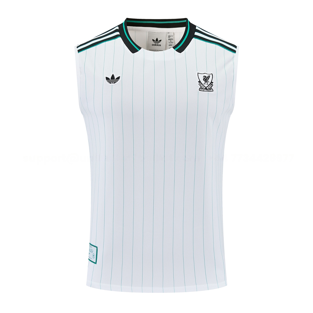 Liver.pool 25-26 Retro Style Vest Training Set - White With Green Stripes Top & Pants - UnitedFutballJersey