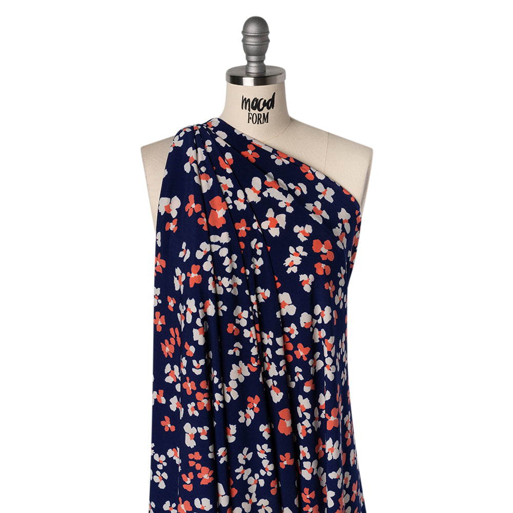 Stretch Polyester Tricot Print - Bright Navy, Hot Coral and Cream Flower Spots - Designer Deadstock - Joann Fabrics