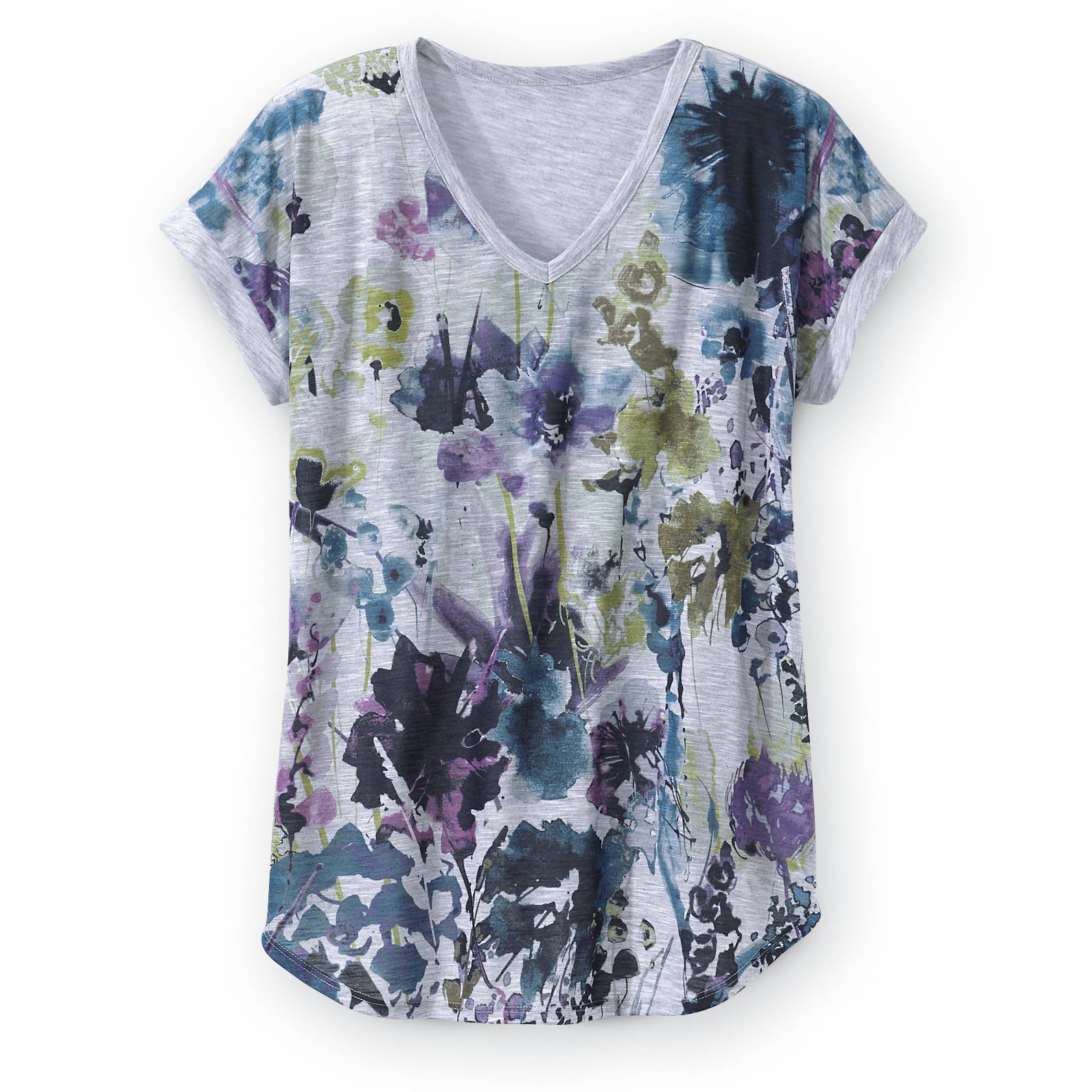 Garden Print Knit Top, Dolman Cap Sleeves, Curved Hem - Northstyle Catalog