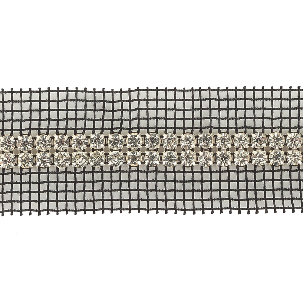 Vintage Two Row Crystal Rhinestones on Black Mesh Trimming - 1.375