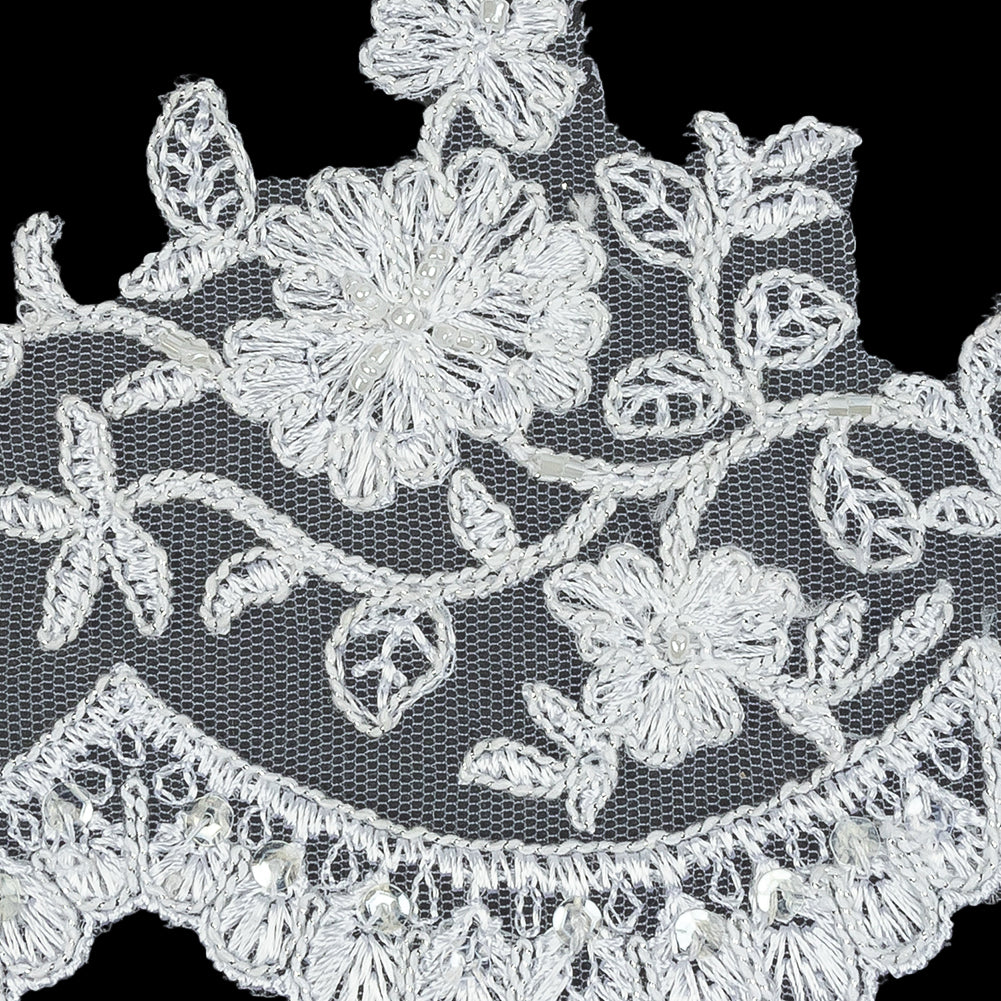 White and Metallic Silver Floral Sequins and Beaded Bridal Lace Trim with Scalloped Edge - 4.5