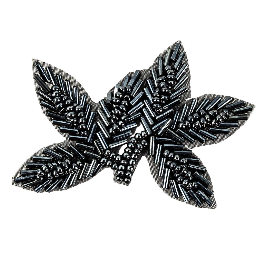 Vintage Gunmetal Bugle and Seed Beaded Foliage Applique - 2.25