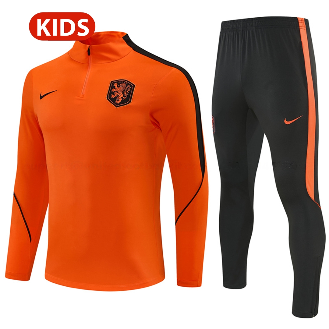 Netherlands 2026 Kids Long Sleeves Training Set - Orange With Black Accents Top & Blue Pants - UnitedFutballJersey