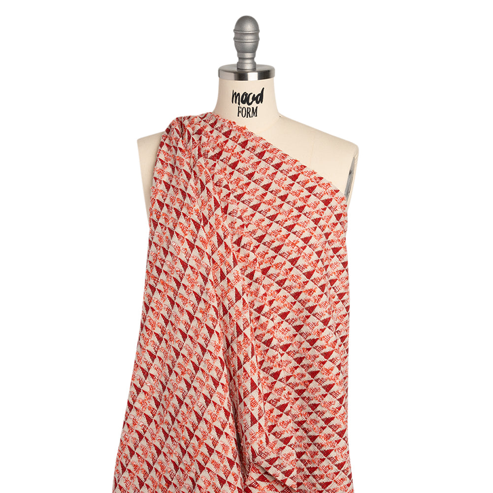 Heavy Polyester Woven with Short Fringe - Ivory and Red Triangles - Deadstock - Joann Fabrics
