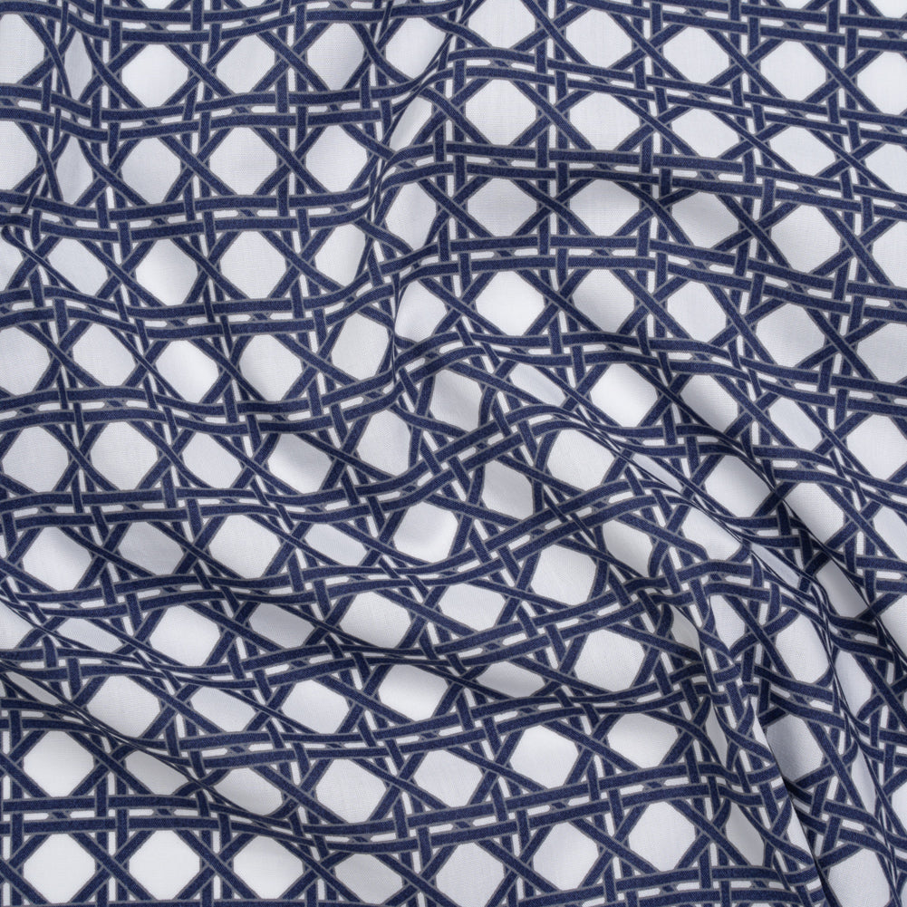 Cotton and Rayon Woven Shirting Print - Navy Blue and White Wicker Basket Lattice - Deadstock - Joann Fabrics