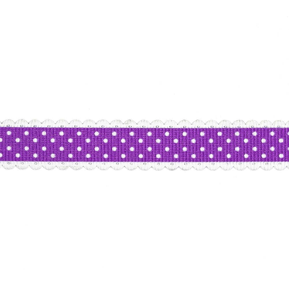 Purple and White Alyssum Scalloped Edge Polka Dot Grosgrain Ribbon - 0.625