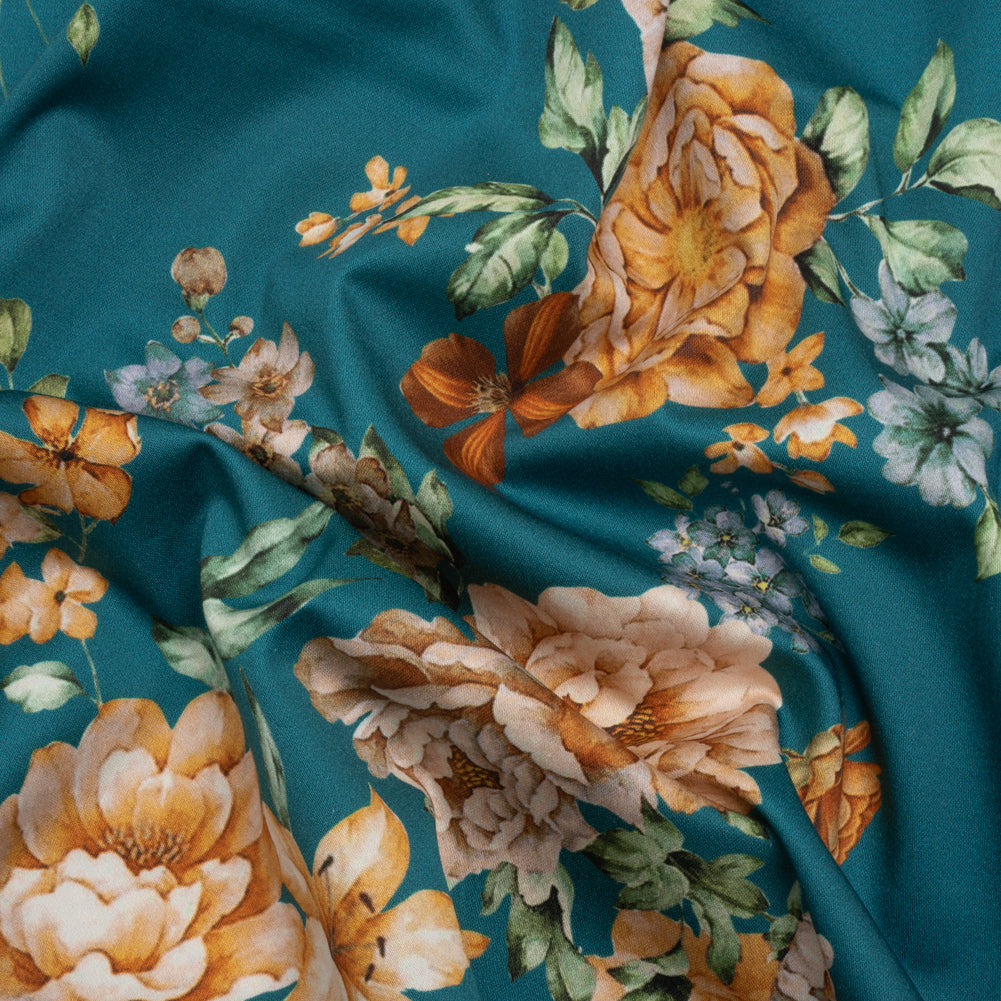 Stretch Cotton Sateen - Teal and Orange Floral - Peony Prowess Print - Mood Exclusive Tumunyana Collection - Joann Fabrics