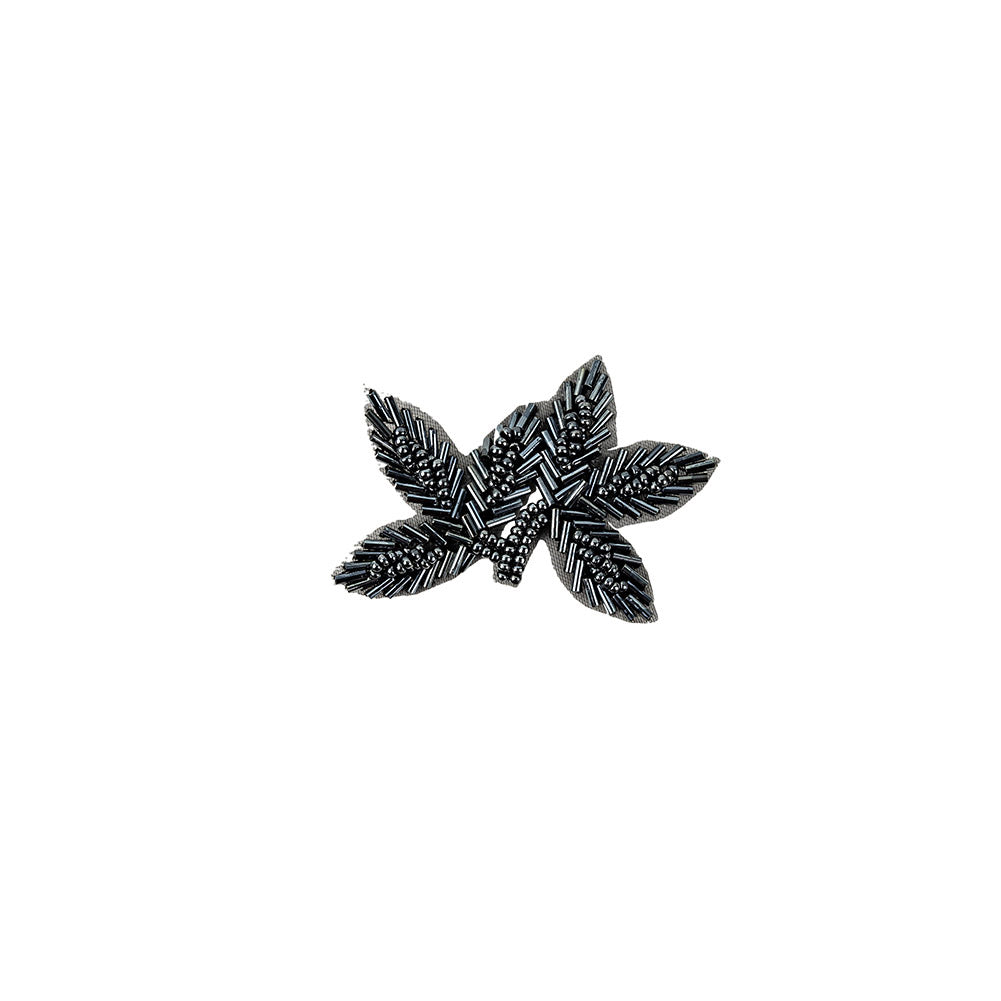 Vintage Gunmetal Bugle and Seed Beaded Foliage Applique - 2.25