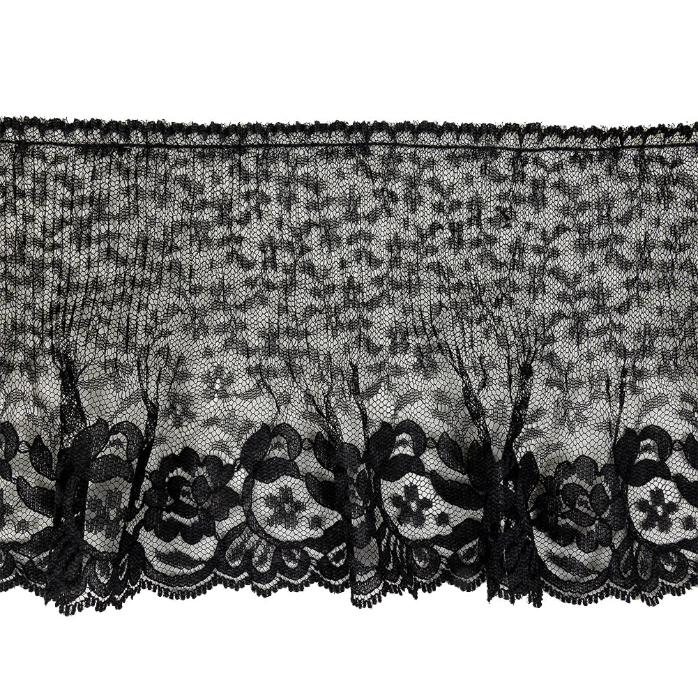 Black Floral Pleated and Ruffled Lace Trim with Scalloped Edge - 5.5