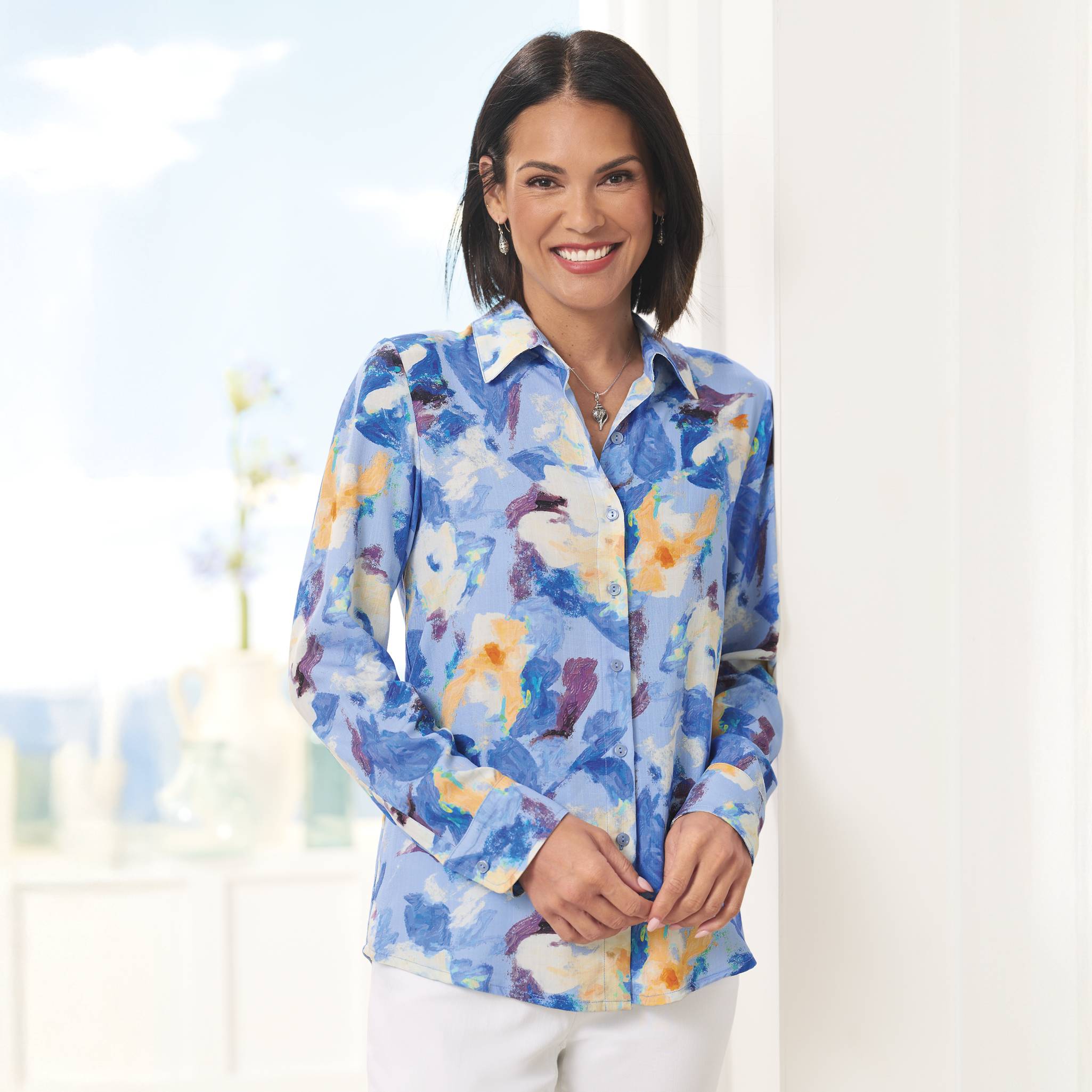 Painted Floral Shirt, Button Front, Long Sleeves, Woven Rayon - Northstyle Catalog