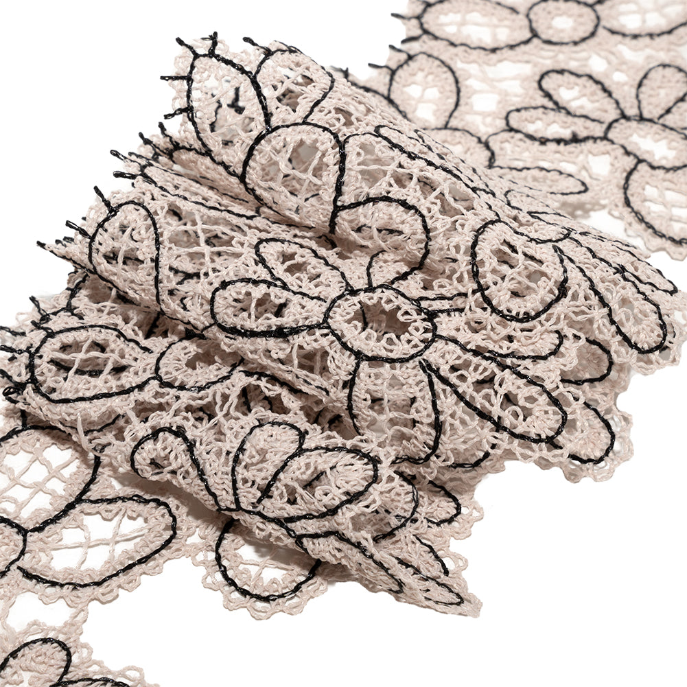 Vanilla and Black Floral Outlines Lace Trim - 3.125