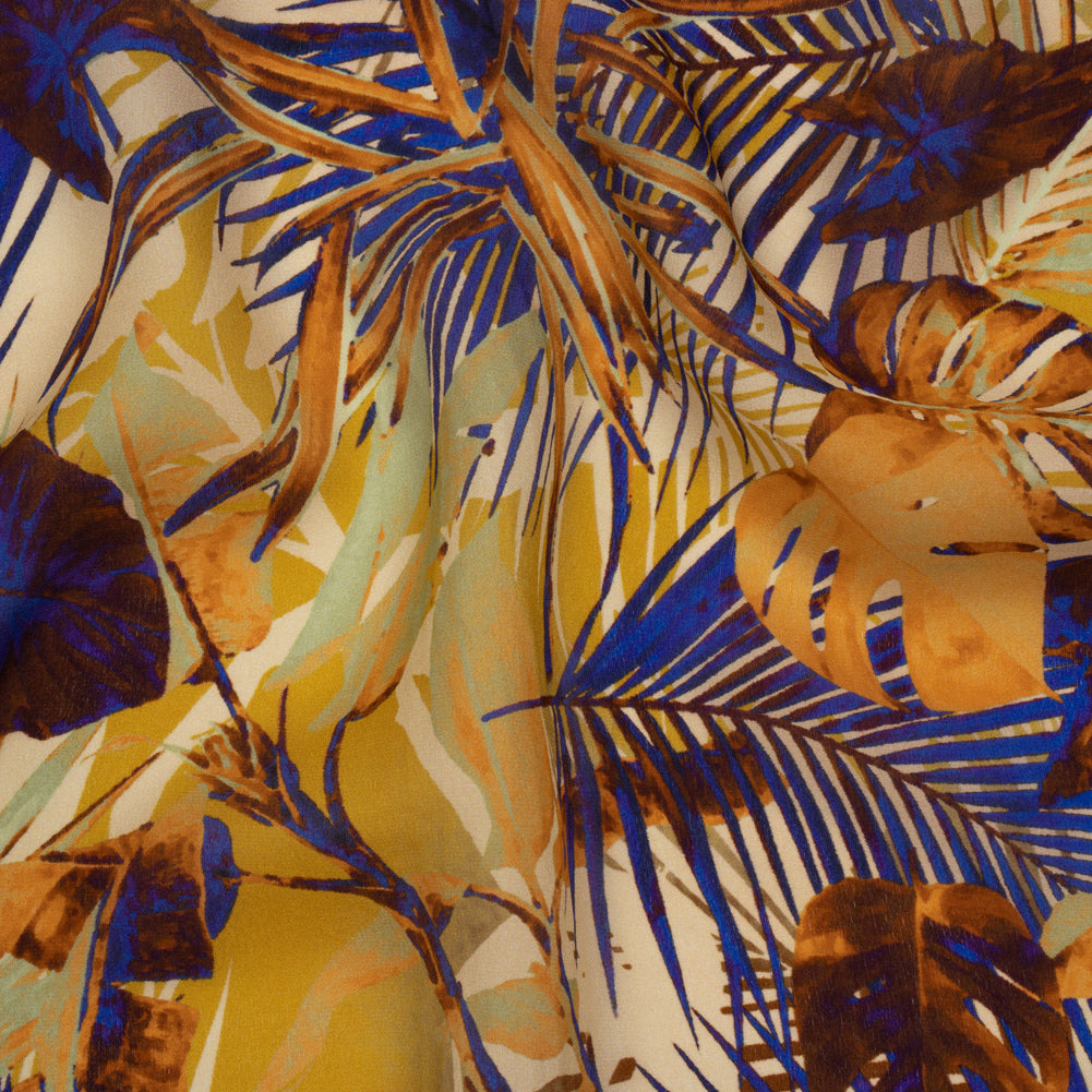 Satin Faced Silk Chiffon Print Made in Italy - Gold, Brown and Ultramarine Blue Palms and Tropical Leaves - Deadstock - Joann Fabrics