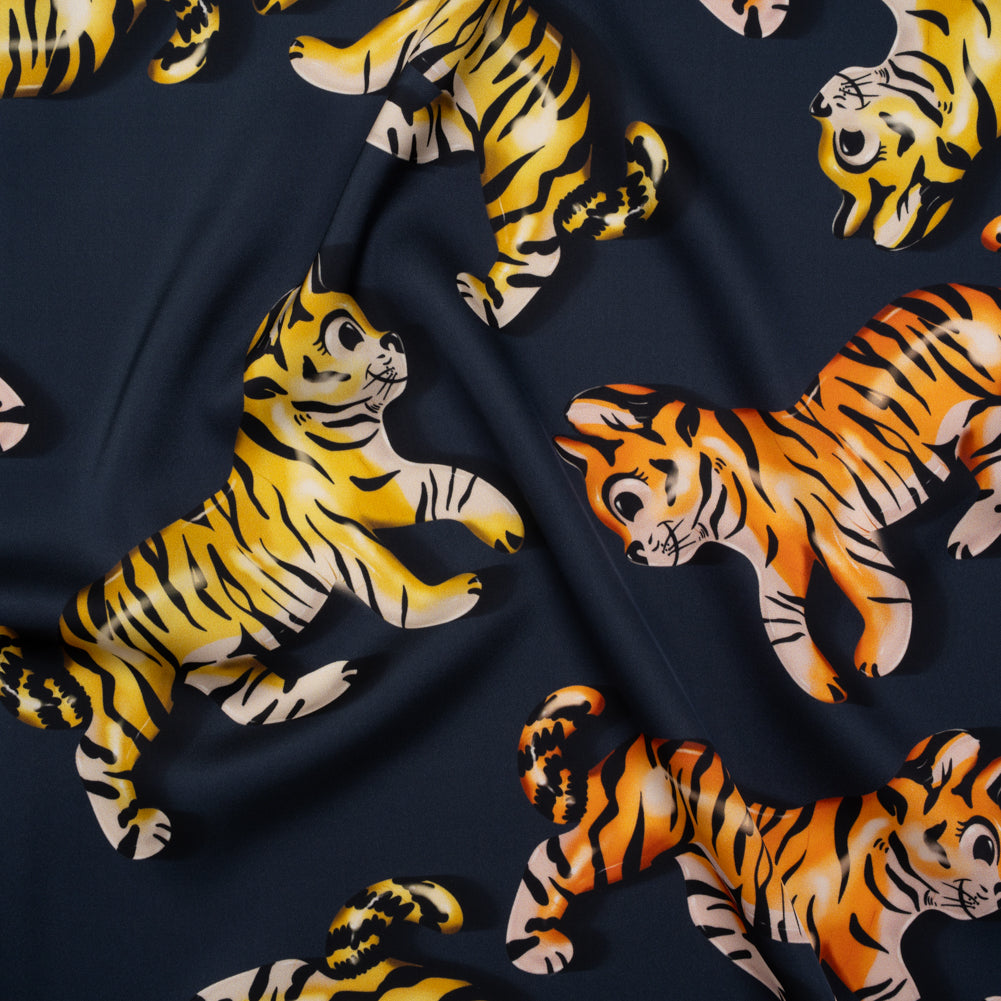 Polyester Satin - Navy, Yellow and Orange Balloon Tigers - Mood Exclusive Pop Jungle Print - Joann Fabrics