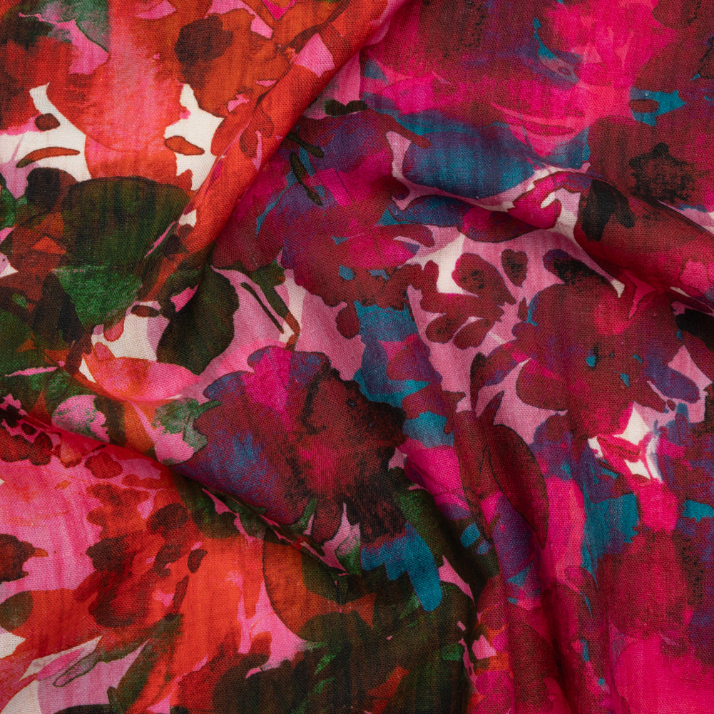 Linen and Rayon Woven - Fuchsia Pink, Red and Light Blue Striated Painted Flowers - Mood Exclusive Painter’s Bouquet Print - Joann Fabrics