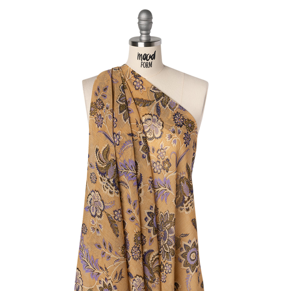 Crinkled Polyester Chiffon Print - Gilded Beige, Lavender and Dark Blue Jacobean Floral - Designer Deadstock - Joann Fabrics