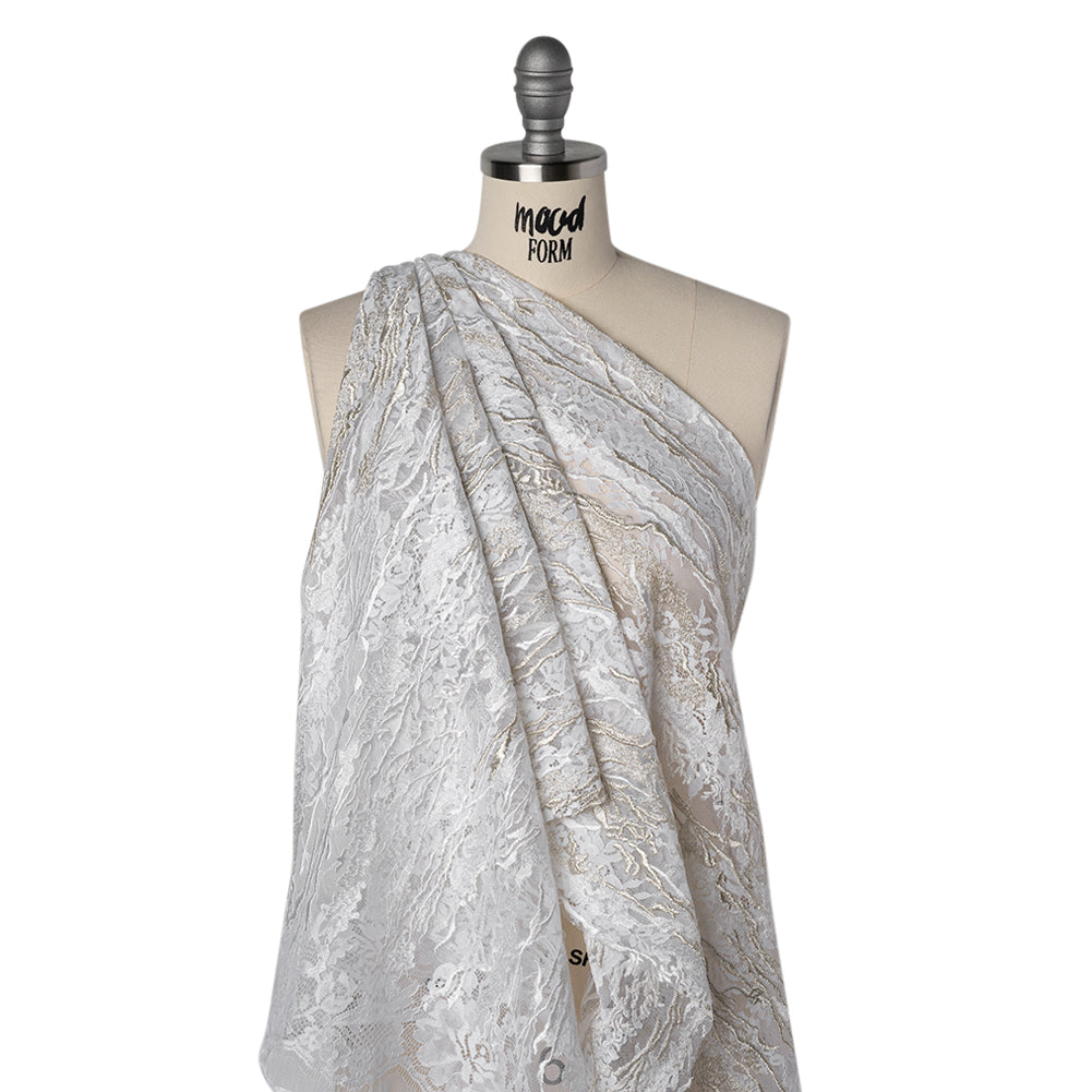 Metallic Embroidered Raschel Lace - Off White and Silver Floral and Waves with Scalloped Border - Joann Fabrics