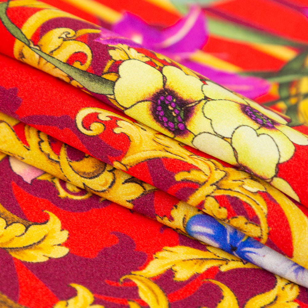 Mood Exclusive Italian Red, Gold and Purple Ornate Floral Digitally Printed Silk Charmeuse - Joann Fabrics