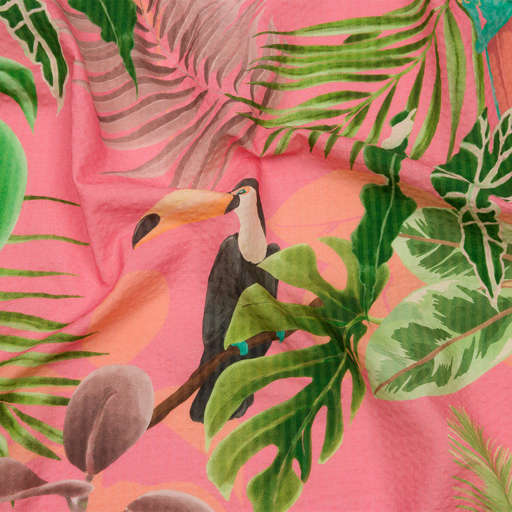 Cotton and Viscose Striped Seersucker Print - Pink Birds and Leaves - Mood Exclusive Birds of Paradise - Joann Fabrics