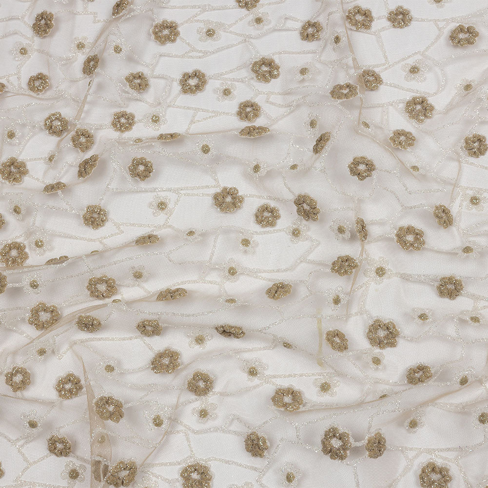 3D Puffy Glitter Tulle - Taupe and White Flowers and Geometric Stems - Joann Fabrics