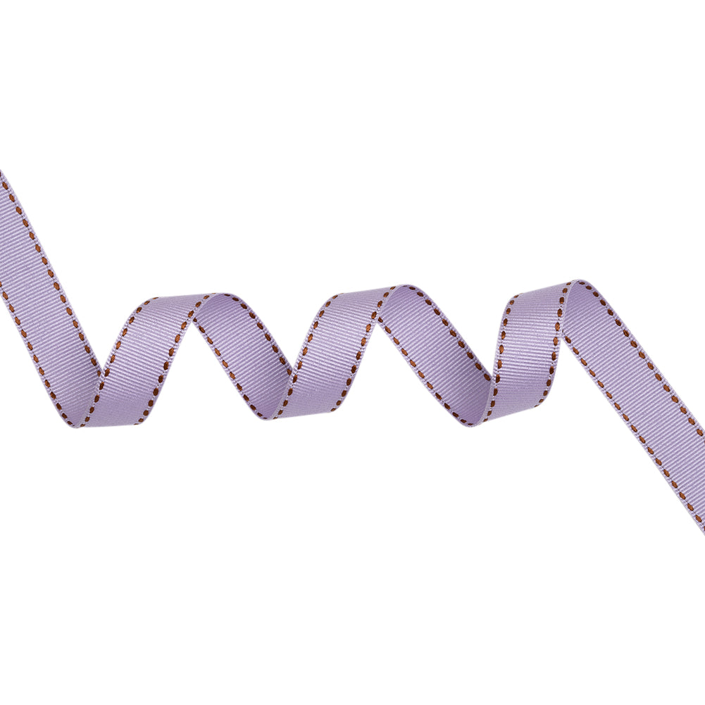 Grosgrain Ribbon with Brown Stitched Borders - Lilac - 0.625