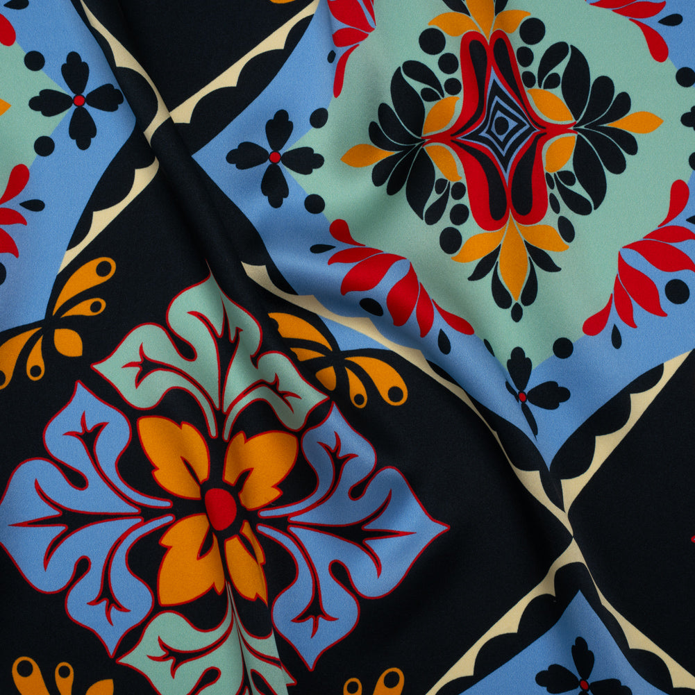 Silk Charmeuse Print 16MM, Made in Italy - Midnight Navy, Mint and Country Blue Fancy Floral Tiles - Joann Fabrics
