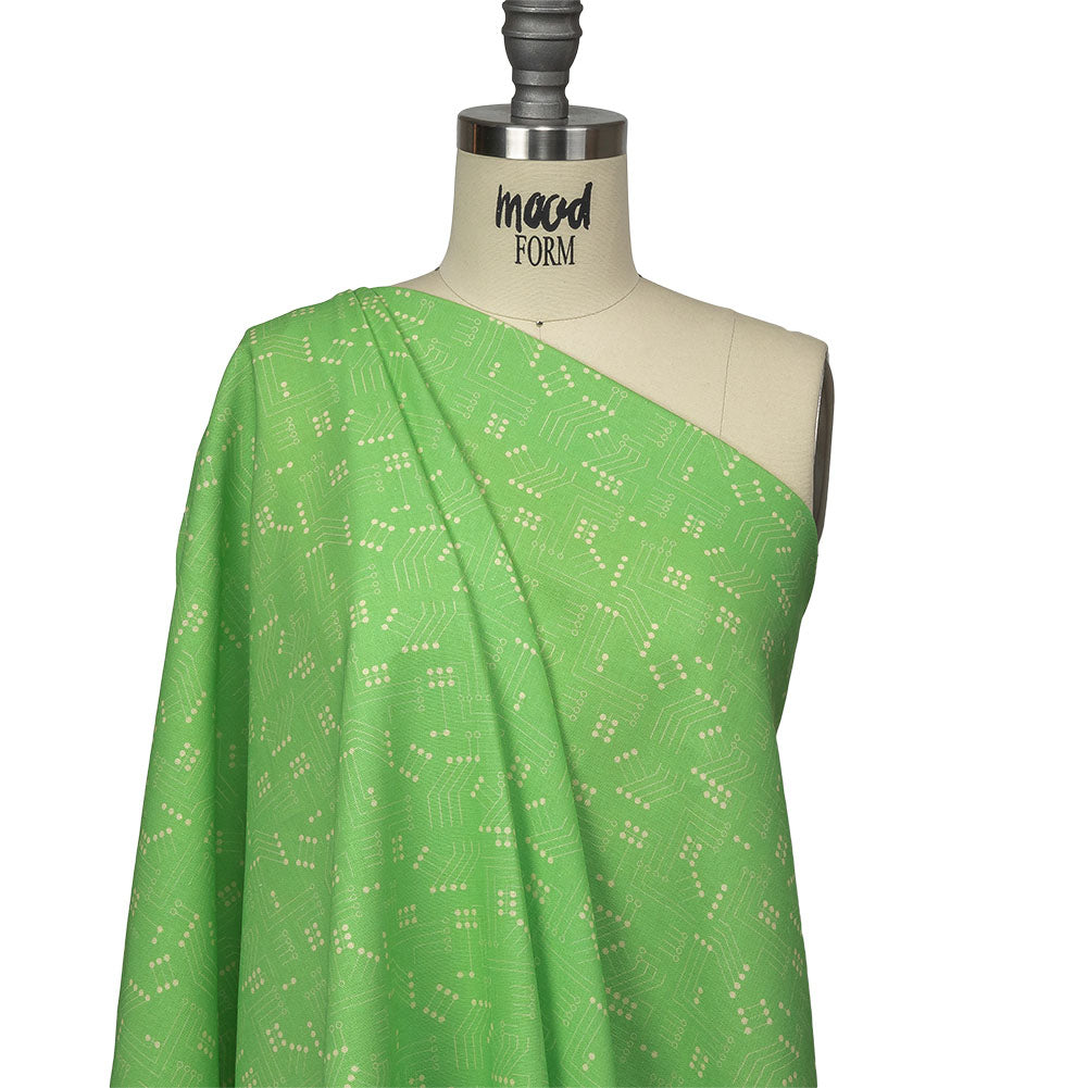 Linen and Rayon Woven - Green Circuit Board Dots - Circuit Breaker Print - Mood Exclusive Citrus Collection - Joann Fabrics