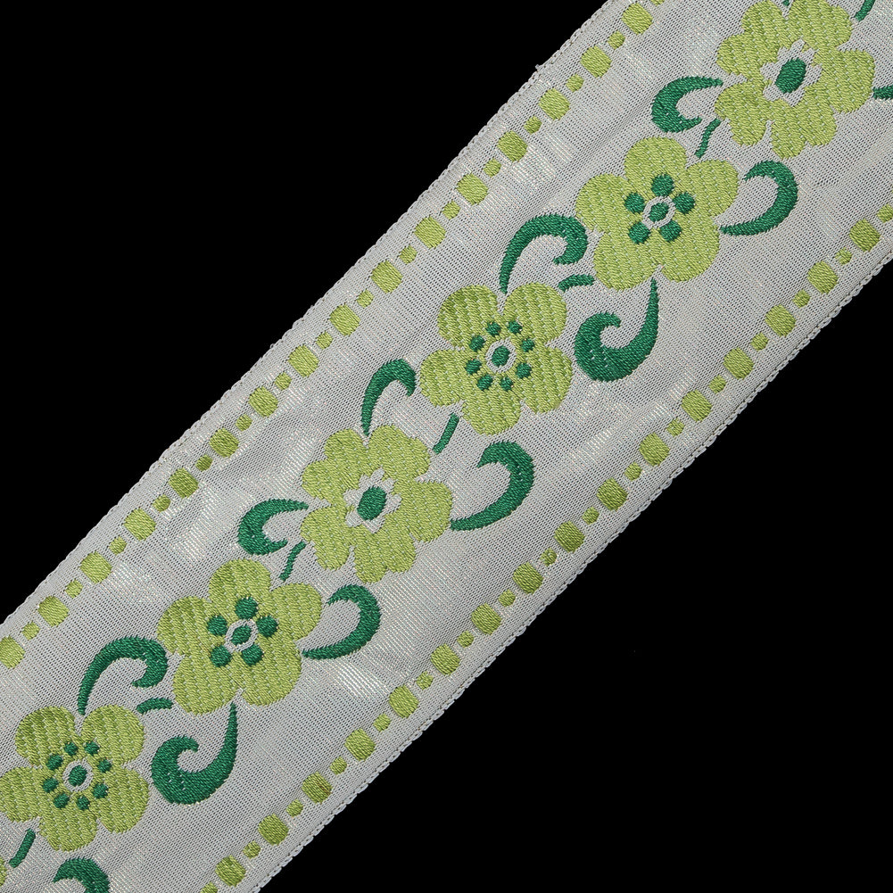 White, Green and Metallic Gold Floral Jacquard Ribbon - 2