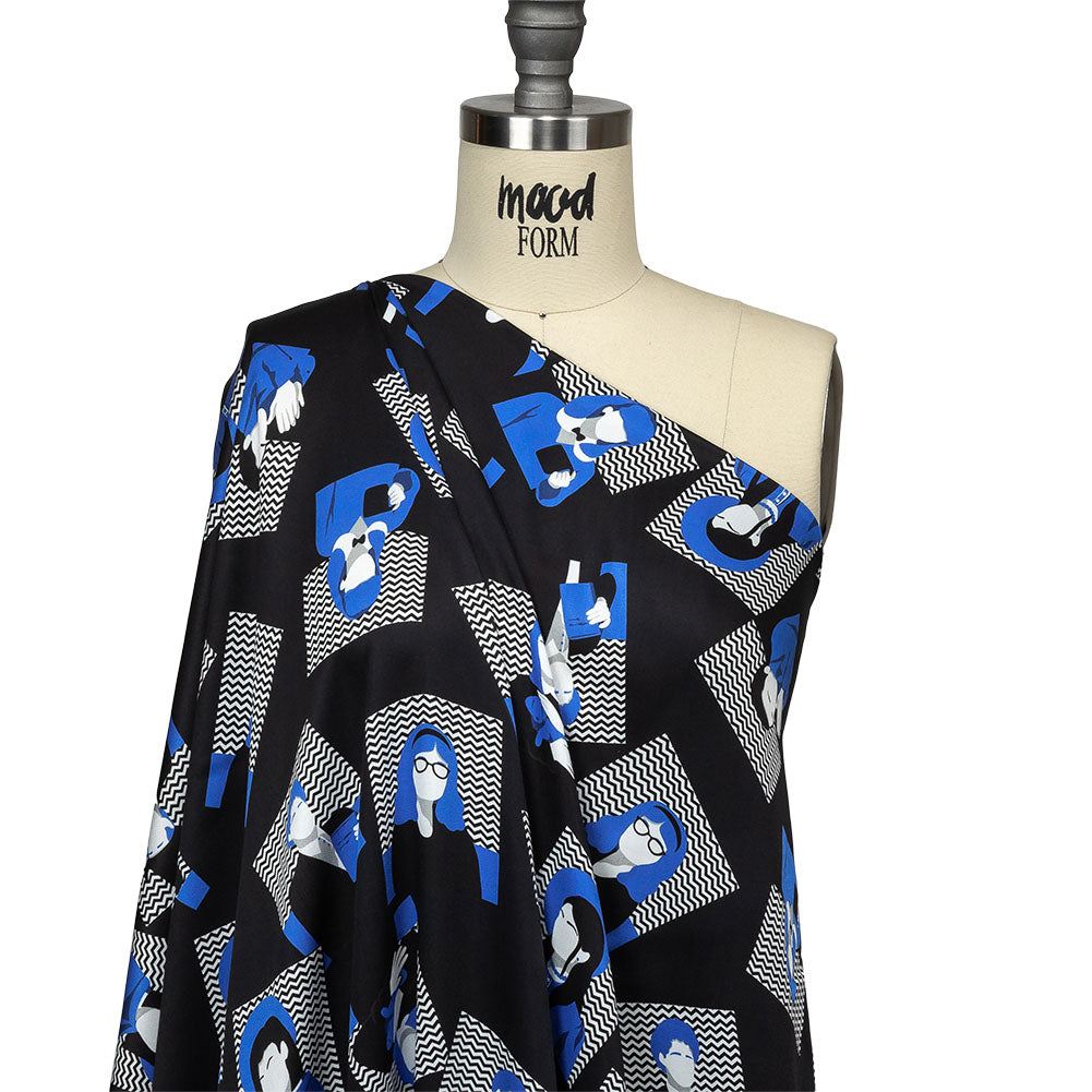 Rayon Challis - Blue and Black Talking Heads - In the Blues Print - Mood Exclusive Indigo Collection - Joann Fabrics