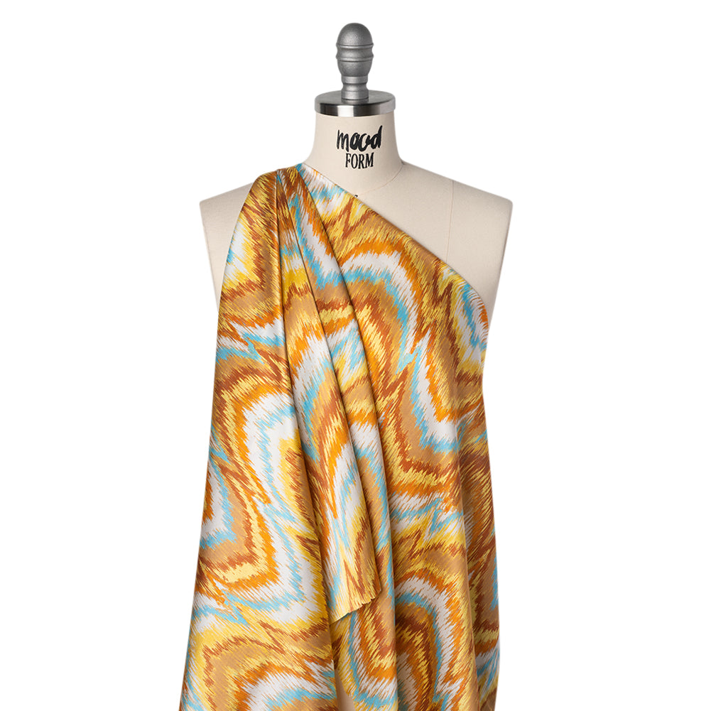 Silk Charmeuse Print 16MM, Made in Italy - Orange, Yellow and Turquoise Ikat Marbled Waves - Joann Fabrics