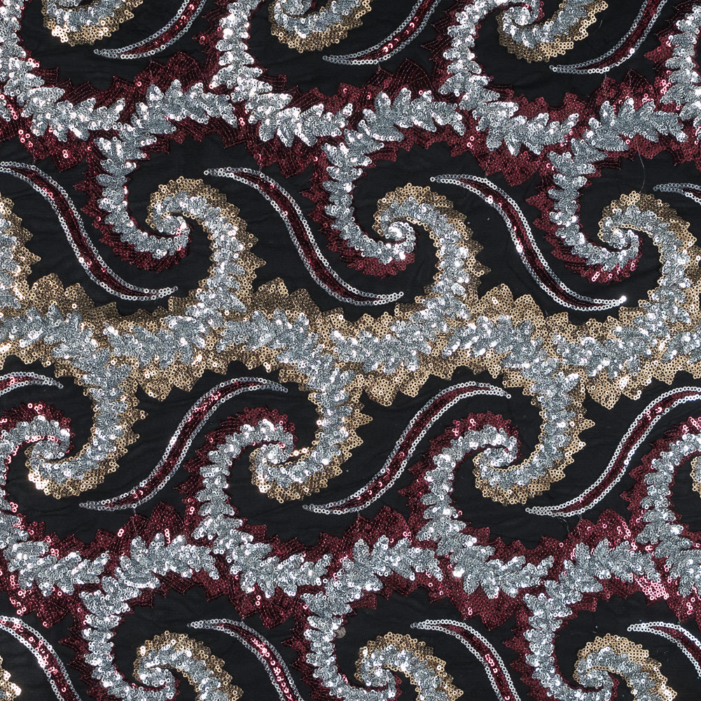 Netting with Sequins - Red, Silver and Gold Paisleys on Black - Joann Fabrics
