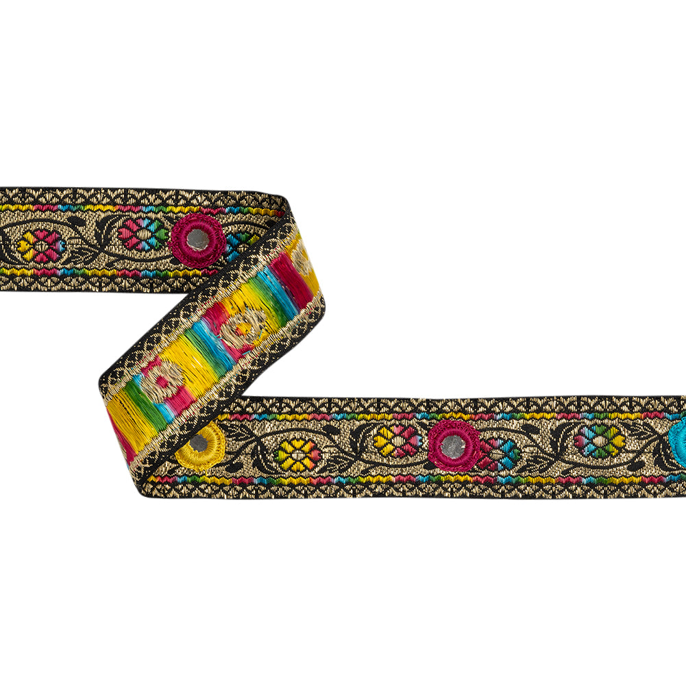 Metallic Jacquard RIbbon with Embroidered Mirror Insets - 1.5