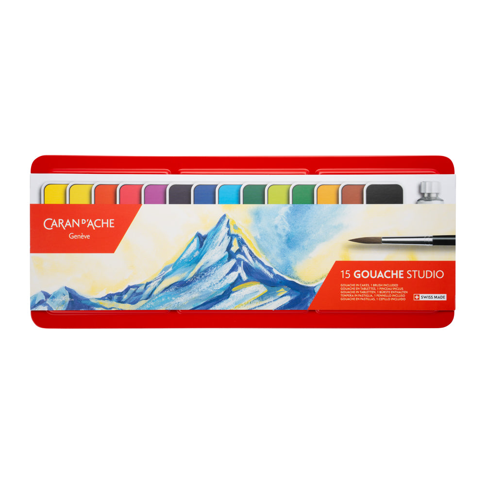 Caran d'Ache Gouache Studio Pan Set - 14 Pans with White Tube - Includes Brush - Joann Fabrics